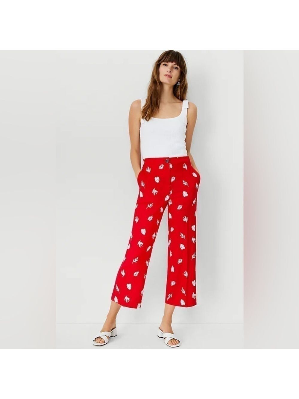 NWT Ann Taylor Linen Blend Plant Leaf Embroidered Wide Leg Crop Pant